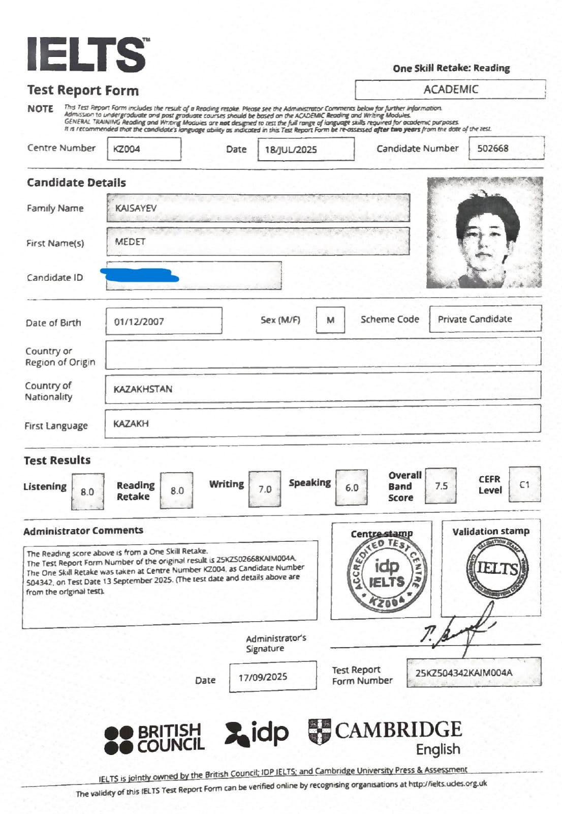 IELTS retake certificate with 7.5 overall band score
