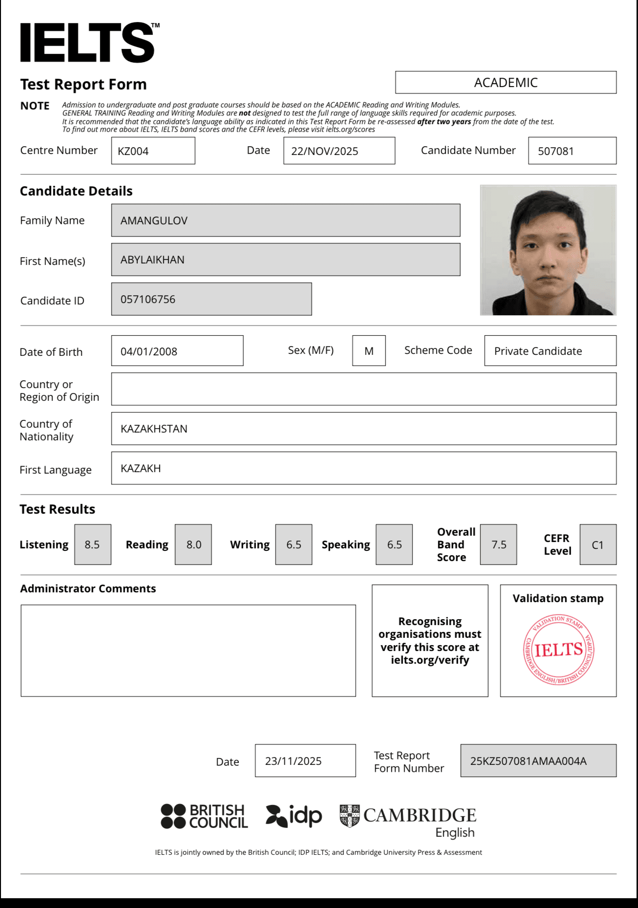 IELTS certificate with 7.5 overall band score